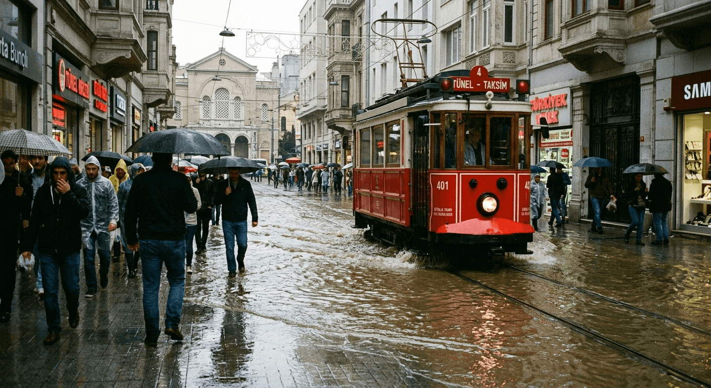 İstanbul'da Sağanak Sonrası İstiklal Caddesi Göle Döndü: Tarihi Tramvay Zorlukla İlerledi