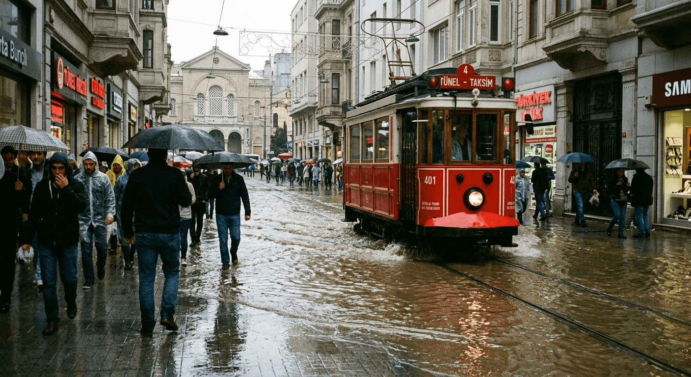 İstanbul'da Sağanak Sonrası İstiklal Caddesi Göle Döndü: Tarihi Tramvay Zorlukla İlerledi