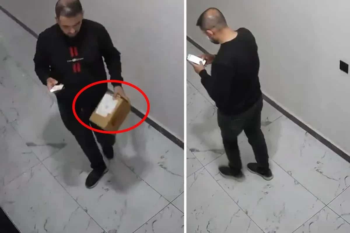 Kargo Çalışanının Cam Kırılacak Paketi Kameraya Bakarak Yere Atması Apartman Kamerasına Yansıdı