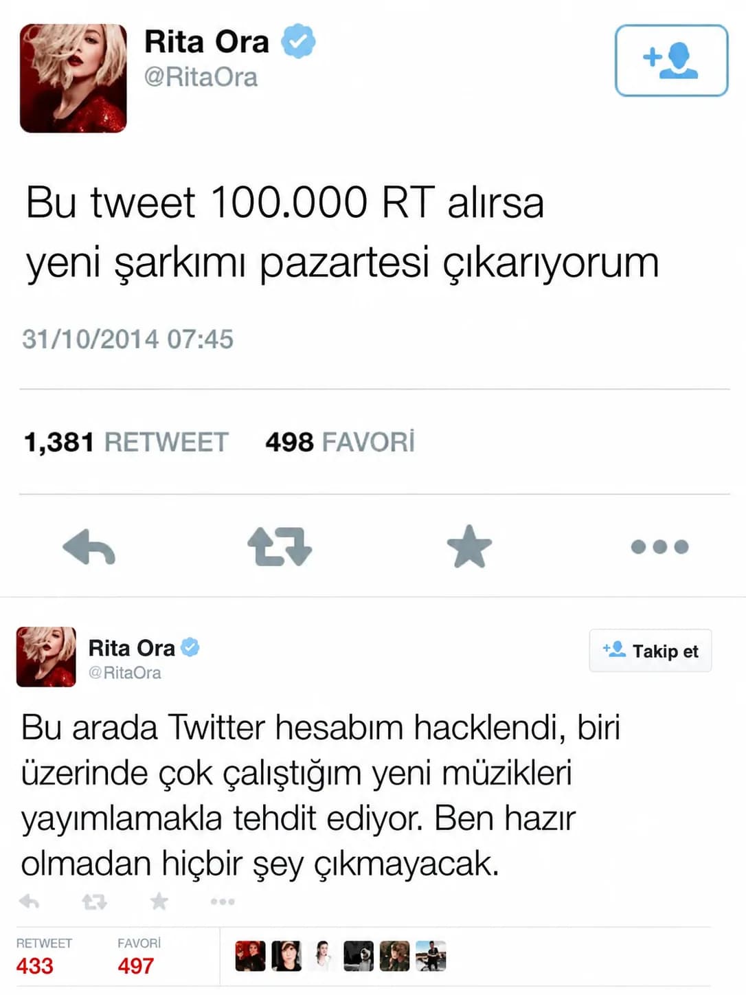 Rita Ora: ‘100 Bin Retweet Olursa Yeni Şarkı Yayınlarım’, Gönderi 2 Binde Kaldı